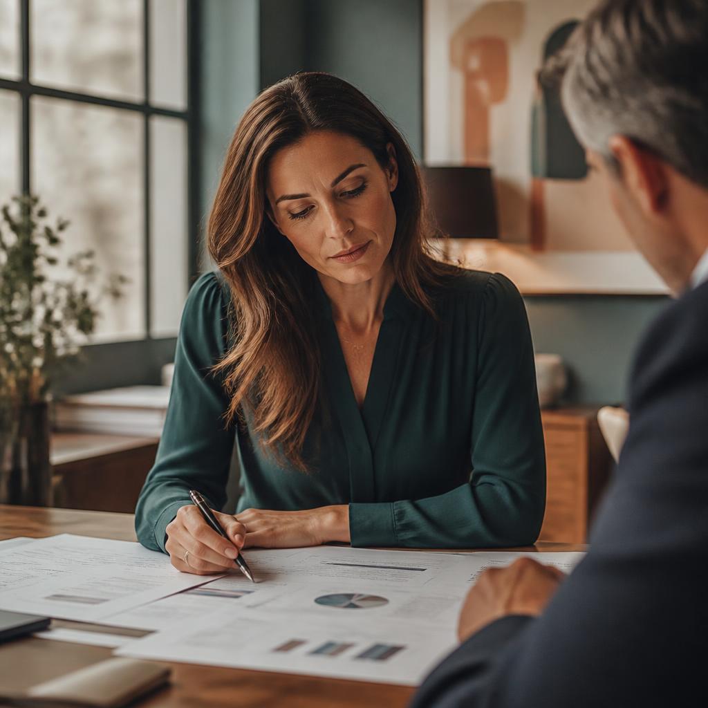 Financial executive reviewing reports with a client leader