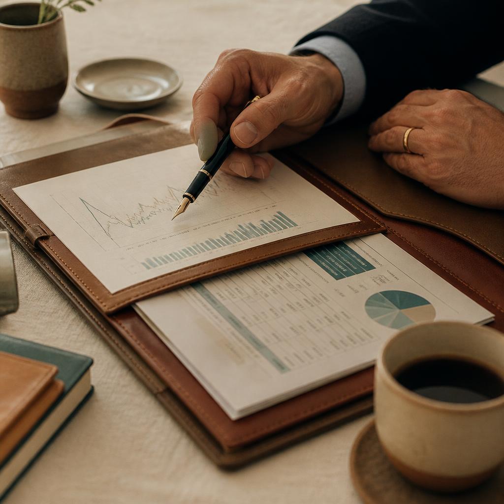 Close-up of financial forecasts, spreadsheets, and a fountain pen